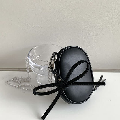 Set: Faux Pearl Strap Plain Faux Leather Crossbody Bag + Bag Charm