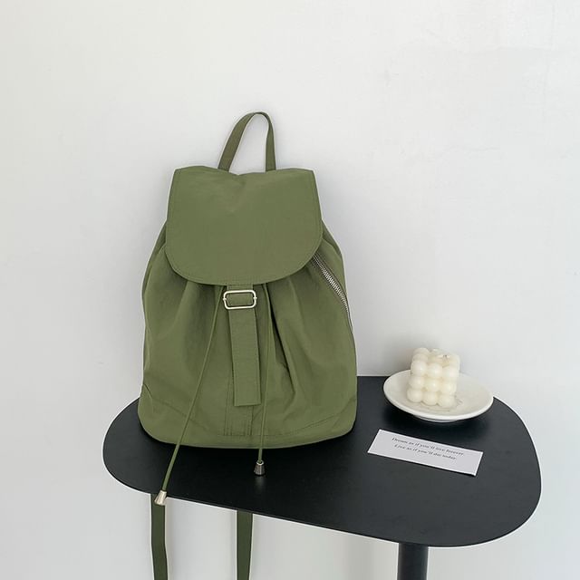 Plain Drawstring Nylon Flap Backpack