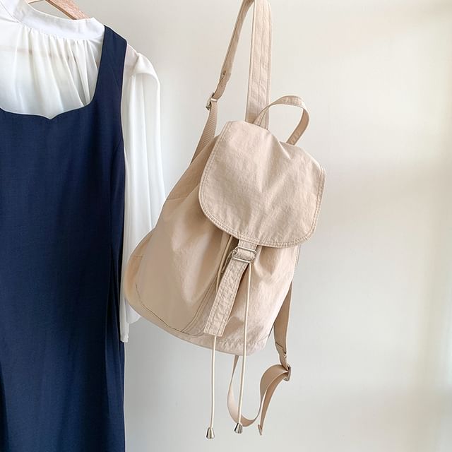 Plain Drawstring Nylon Flap Backpack
