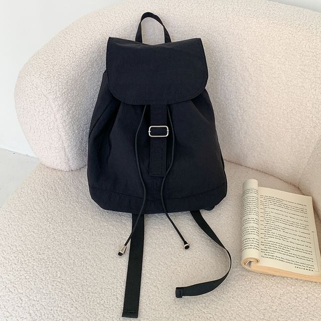 Plain Drawstring Nylon Flap Backpack