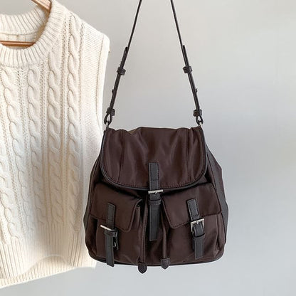 Plain Buckled Nylon Flap Tote Bag