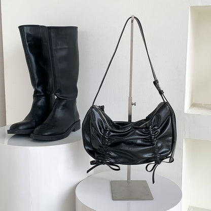 Plain Drawstring Faux Leather Shoulder Bag