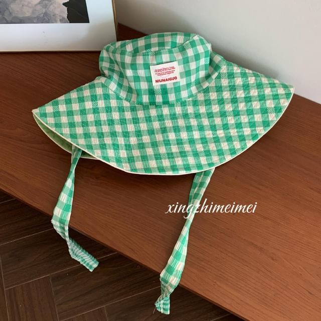 Gingham Bucket Hat With Chin Strap