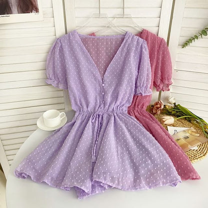 Kurzärmliger Strampler mit V-Ausschnitt, gepunktetem Kordelzug in der Taille