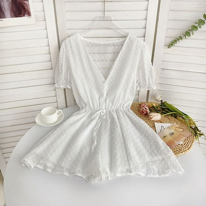 Kurzärmliger Strampler mit V-Ausschnitt, gepunktetem Kordelzug in der Taille