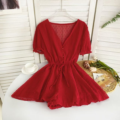 Kurzärmliger Strampler mit V-Ausschnitt, gepunktetem Kordelzug in der Taille