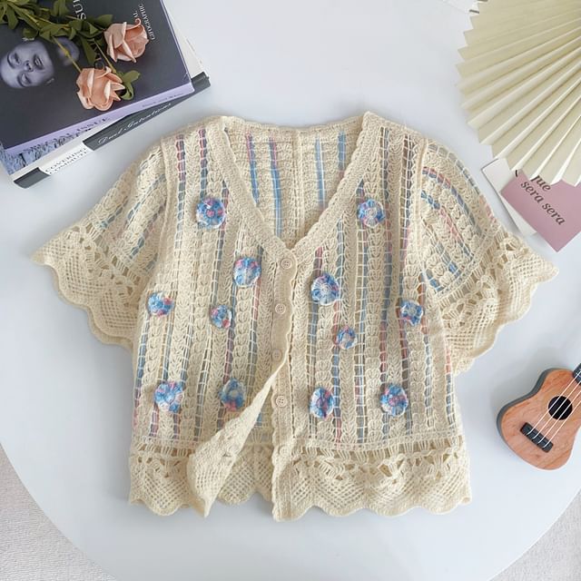 Short-Sleeve V-Neck Flower Detail Crochet Cardigan