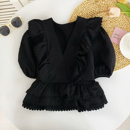 Bluse mit Rüschen und Puffärmeln, V-Ausschnitt