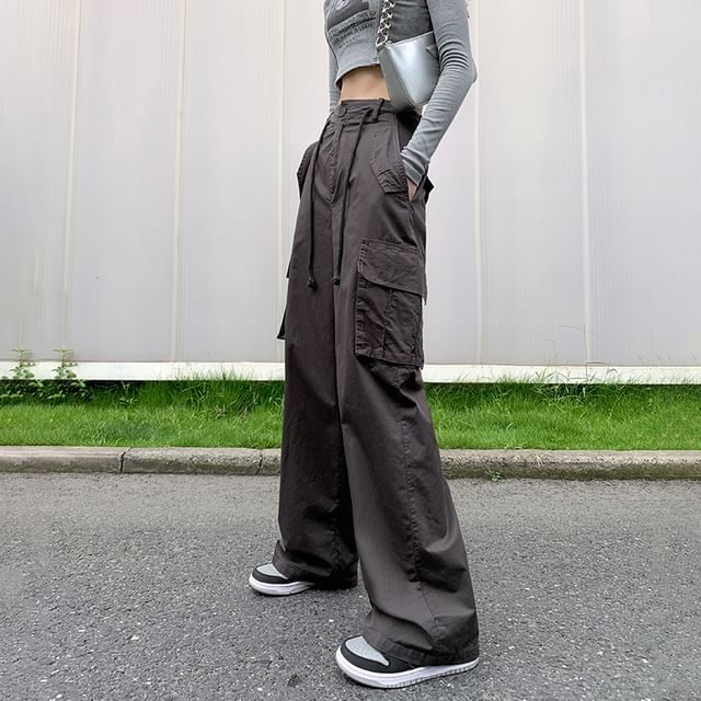 High Rise Plain Wide Leg Cargo Pants