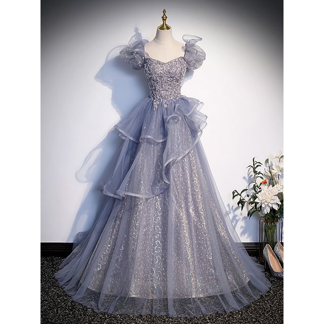 Evening A-Line Tiered Cap-Sleeve Sequin Gown