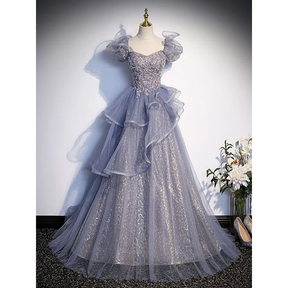 Evening A-Line Tiered Cap-Sleeve Sequin Gown