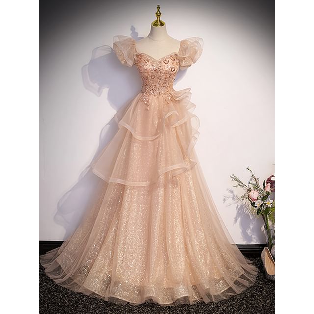 Evening A-Line Tiered Cap-Sleeve Sequin Gown