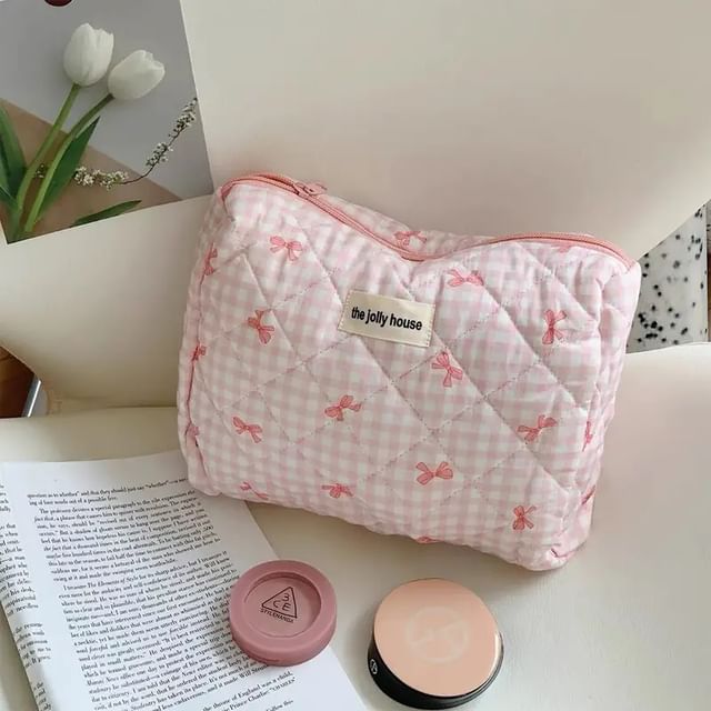 Bow Plaid Fabric Makeup Bag / Clutch / Pencil Case