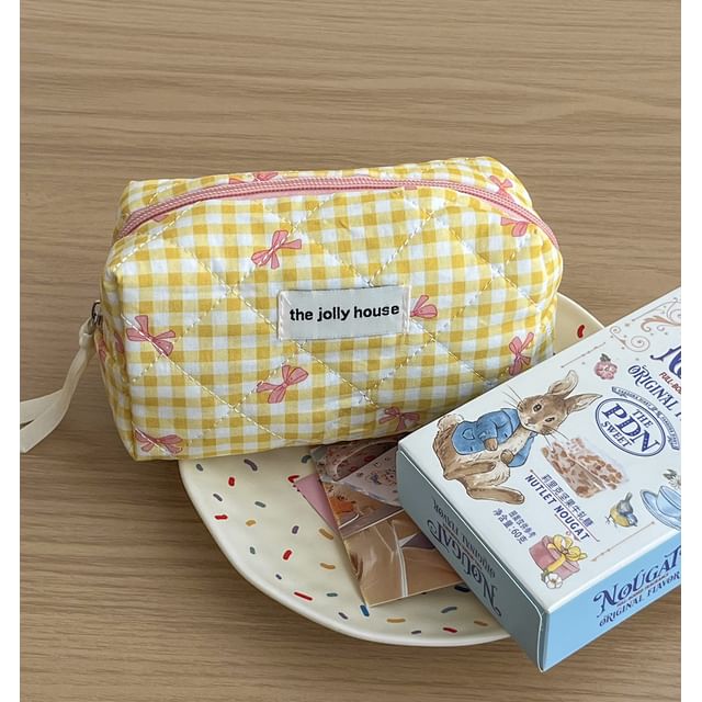 Bow Plaid Fabric Makeup Bag / Clutch / Pencil Case