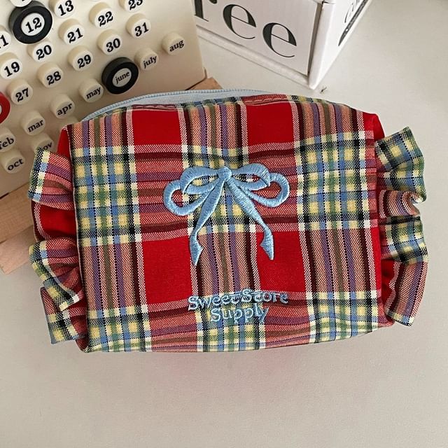 Bow Embroidered Plaid Coin Purse