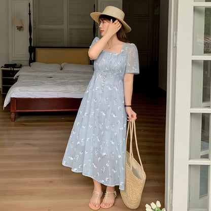 Plus Size Short Sleeve Square Neck Floral Print Midi A-Line Dress