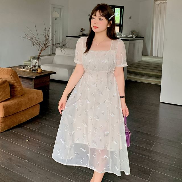 Plus Size Short Sleeve Square Neck Floral Print Midi A-Line Dress