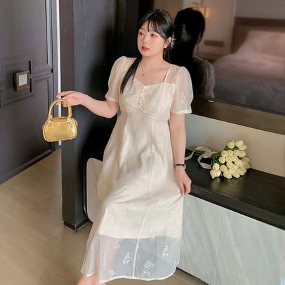 Plus Size Embroidered Mesh Puff Sleeve Square Neck Midi A-Line Dress