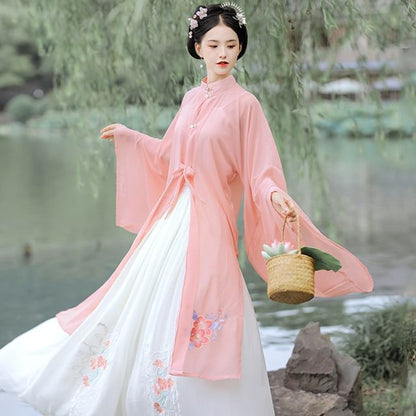 Set: Floral Embroidered Hanfu Top + Mid Rise Maxi Skirt