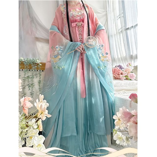 Floral Embroidered Hanfu Maxi Dress / Embroidered Light Jacket / Set