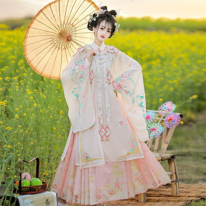 Set: Floral Embroidered Hanfu Long Blouse + Camisole Top + Maxi Skirt + Scarf