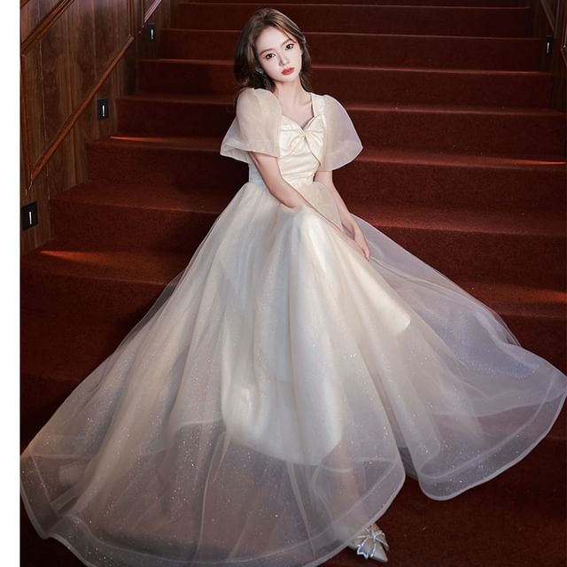 Gown A-Line Evening V-Neck Mesh Short-Sleeve