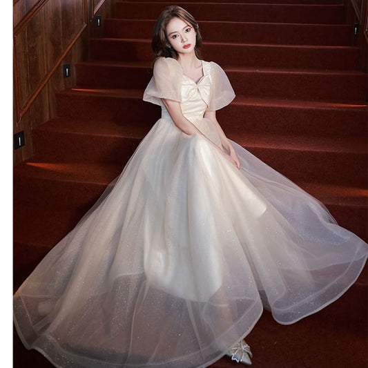 Gown A-Line Evening V-Neck Mesh Short-Sleeve