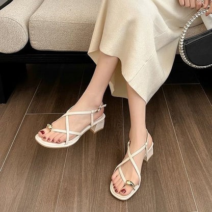 Chunky Heel Plain Metal Accent Slingback Toe Loop Sandals