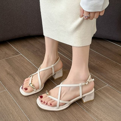 Chunky Heel Plain Metal Accent Slingback Toe Loop Sandals