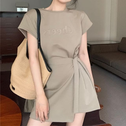 Short-Sleeve Crew Neck Plain Lettering Embossed Mock Two Piece Mini A-Line Dress