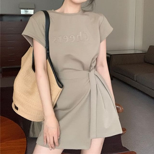 Short-Sleeve Crew Neck Plain Lettering Embossed Mock Two Piece Mini A-Line Dress