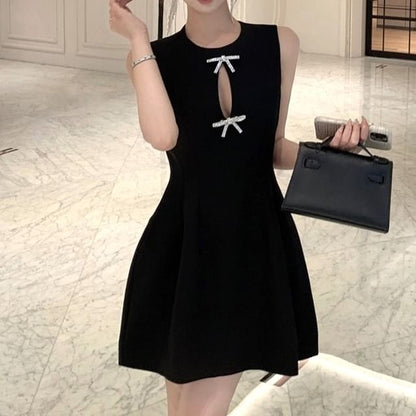 Sleeveless Round Neck Plain Rhinestone Bow Cutout Mini A-Line Dress