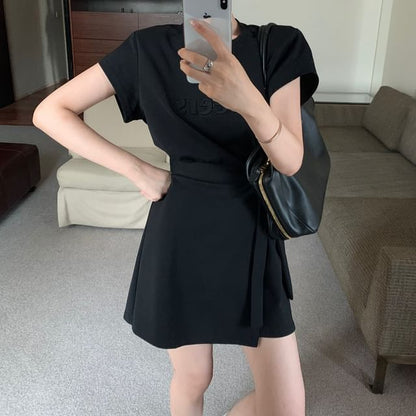Short-Sleeve Crew Neck Plain Lettering Embossed Mock Two Piece Mini A-Line Dress