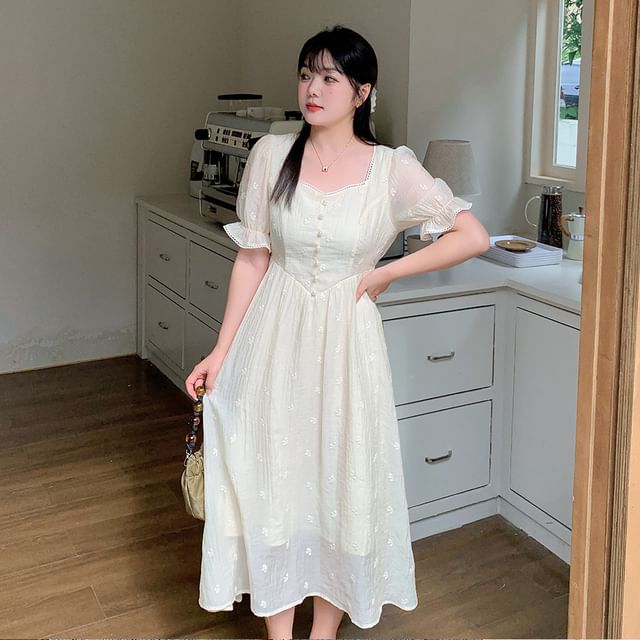 Short-Sleeve Floral Embroidered Midi A-Line Dress