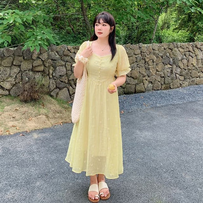 Short-Sleeve Floral Embroidered Midi A-Line Dress