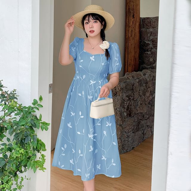 Short-Sleeve Leaf Embroidered Midi A-Line Dress