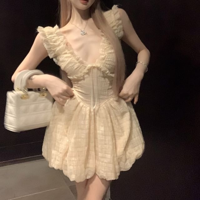 Sleeveless Plain Ruffle Mini A-Line Dress