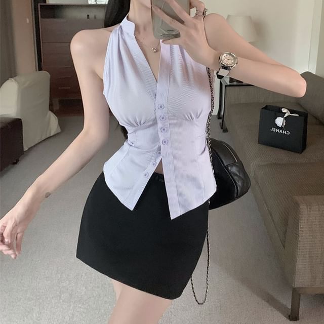 Sleeveless V-Neck Striped Button-Up Shirt / High Rise Mini Pencil Skirt