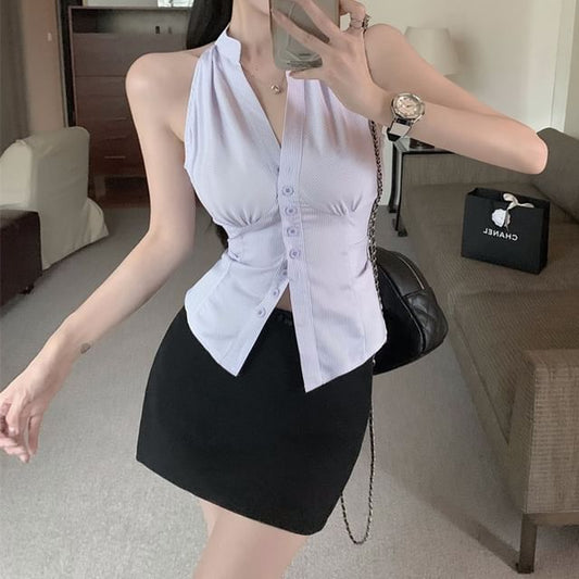 Sleeveless V-Neck Striped Button-Up Shirt / High Rise Mini Pencil Skirt