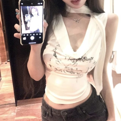 Choker-Neck Lettering Cowl Neck Crop Tank Top