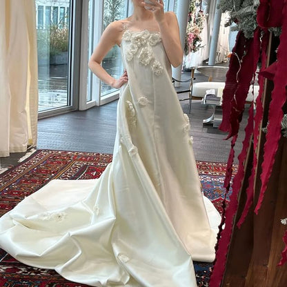 Strapless Gown Back Floral Accent Trained Satin Bow Plain Wedding A-Line