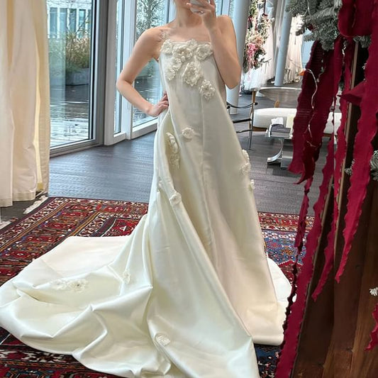 Strapless Gown Back Floral Accent Trained Satin Bow Plain Wedding A-Line