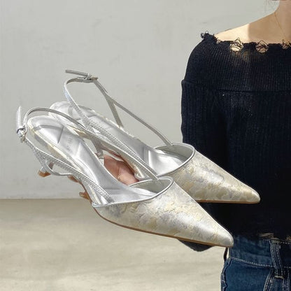 Pointed Toe Slingback Jacquard Kitten Heel Pumps