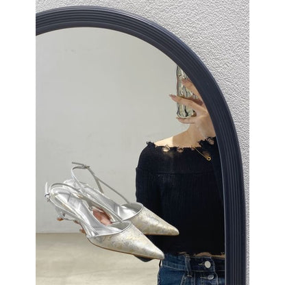 Pointed Toe Slingback Jacquard Kitten Heel Pumps