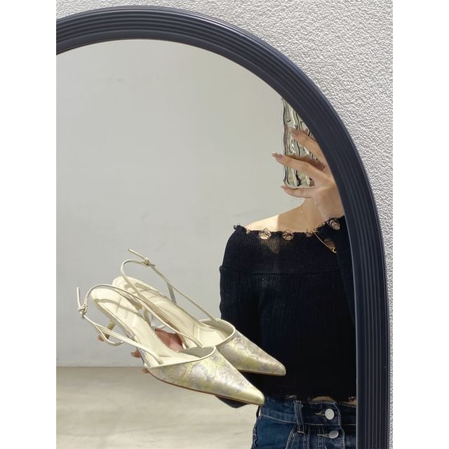 Pointed Toe Slingback Jacquard Kitten Heel Pumps