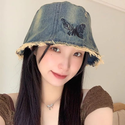 With Embroidery Bucket Butterfly Brim Hat Distressed