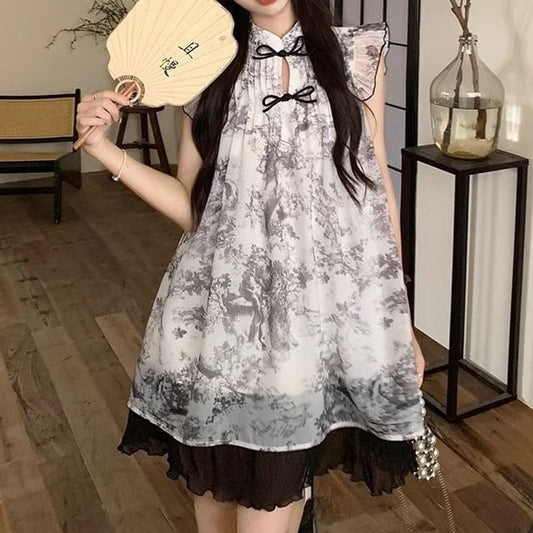 Cap-Sleeve Print Sheer Mini A-Line Dress