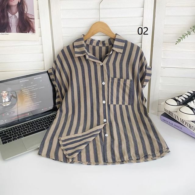 Short-Sleeve Collared Striped Shirt