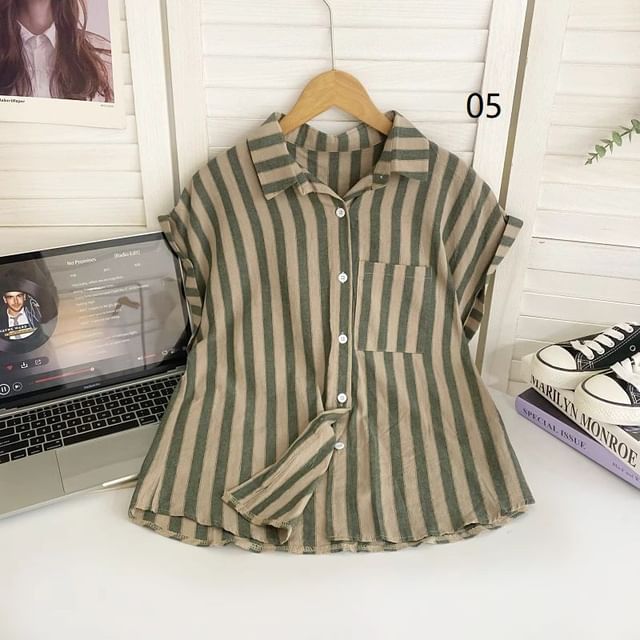 Short-Sleeve Collared Striped Shirt