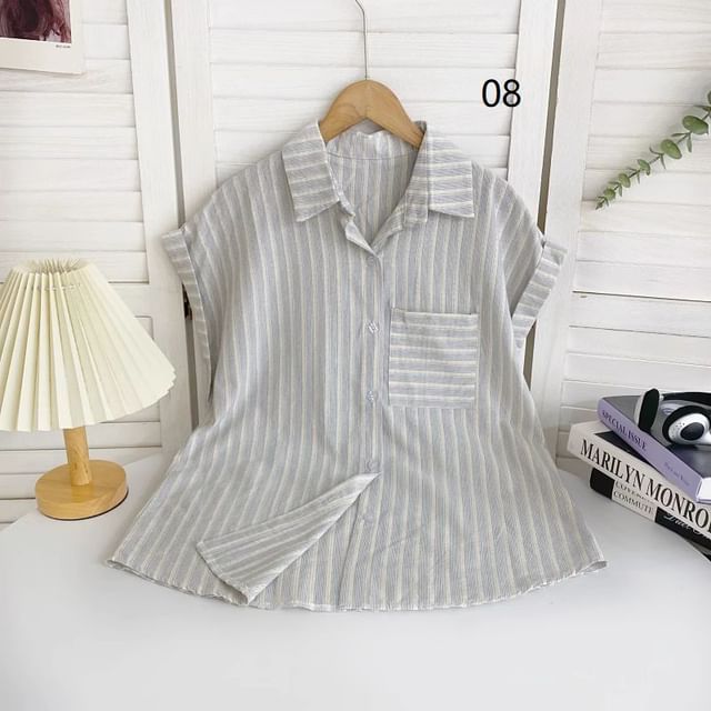 Short-Sleeve Collared Striped Shirt